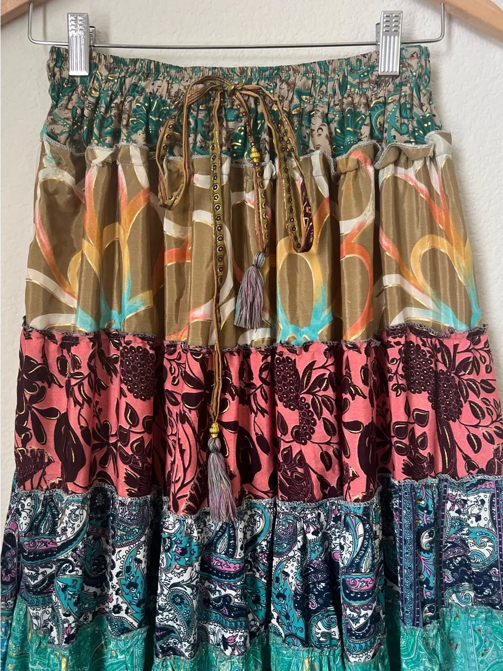 Multi-Color Silk Blend Floral Patchwork Tiered Ruffle Skirt Free Size Gypsy Boho